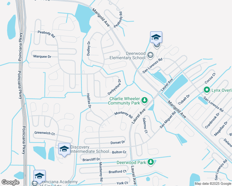 map of restaurants, bars, coffee shops, grocery stores, and more near 972 Derbyshire Drive in Kissimmee