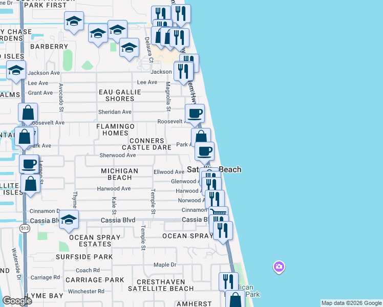 map of restaurants, bars, coffee shops, grocery stores, and more near 140 Sherwood Avenue in Satellite Beach