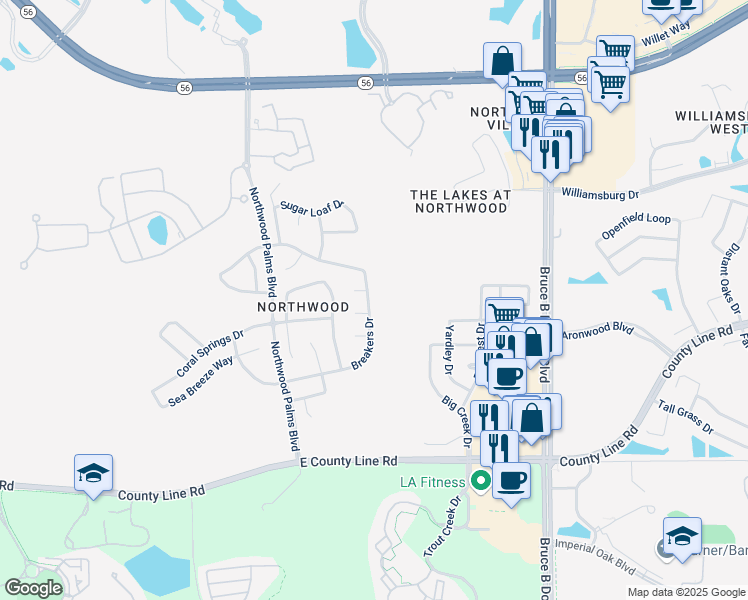 map of restaurants, bars, coffee shops, grocery stores, and more near 27634 Breakers Drive in Wesley Chapel