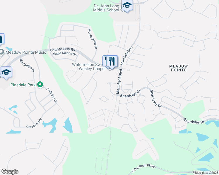 map of restaurants, bars, coffee shops, grocery stores, and more near 1411 Costa Mesa Drive in Wesley Chapel