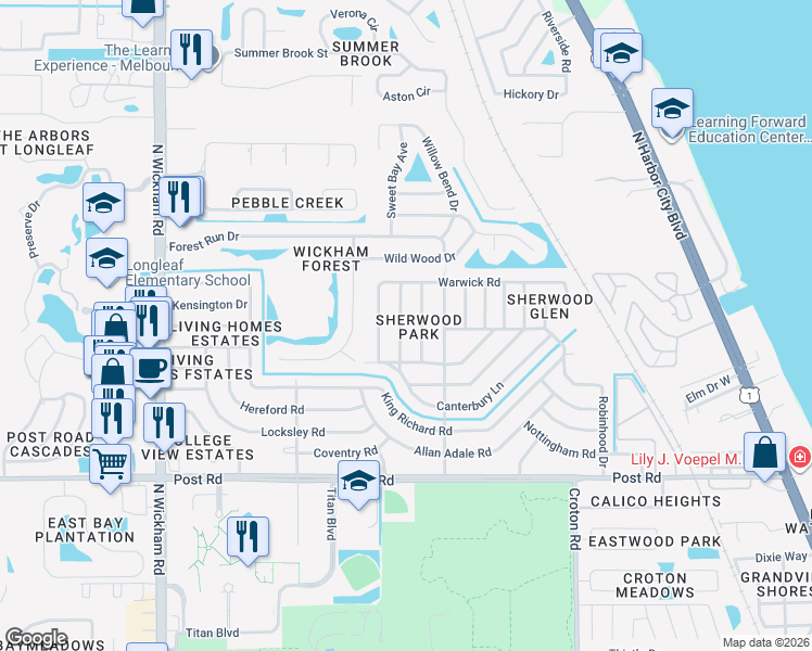 map of restaurants, bars, coffee shops, grocery stores, and more near 4339 Plompton Drive in Melbourne