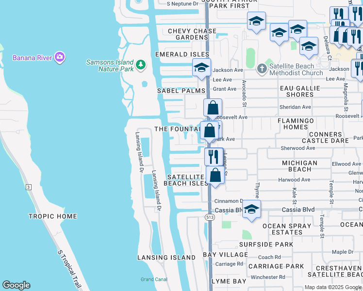 map of restaurants, bars, coffee shops, grocery stores, and more near 669 Fountain Boulevard in Satellite Beach