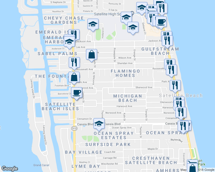 map of restaurants, bars, coffee shops, grocery stores, and more near 470 Sherwood Ave in Satellite Beach