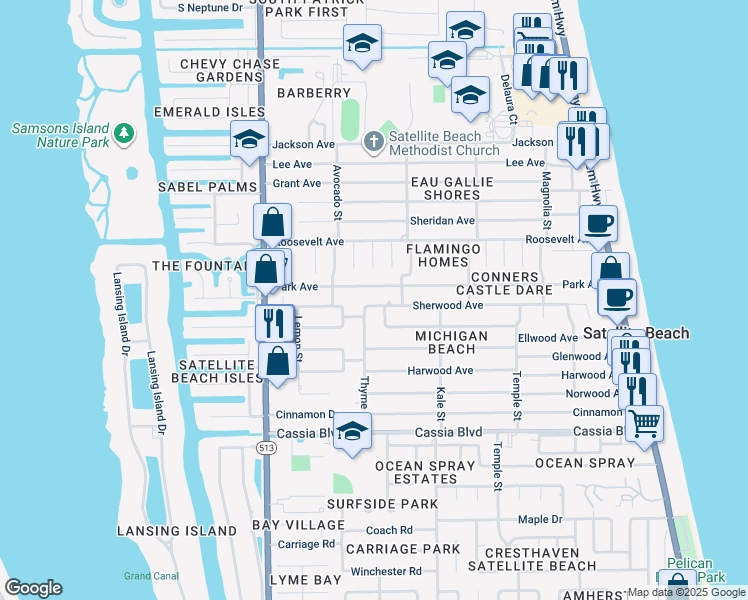 map of restaurants, bars, coffee shops, grocery stores, and more near 470 Sherwood Avenue in Satellite Beach