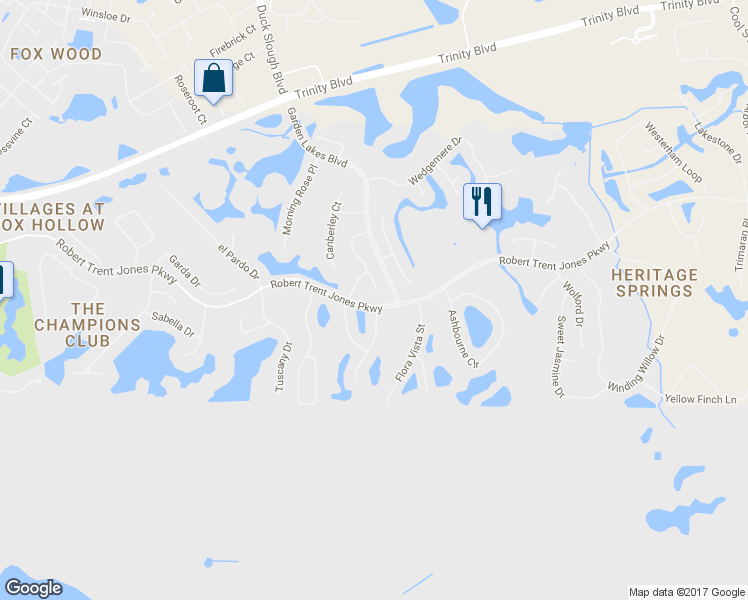 map of restaurants, bars, coffee shops, grocery stores, and more near 1249 Eveningside Court in Trinity