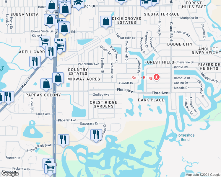 map of restaurants, bars, coffee shops, grocery stores, and more near 4931 Flora Avenue in Holiday