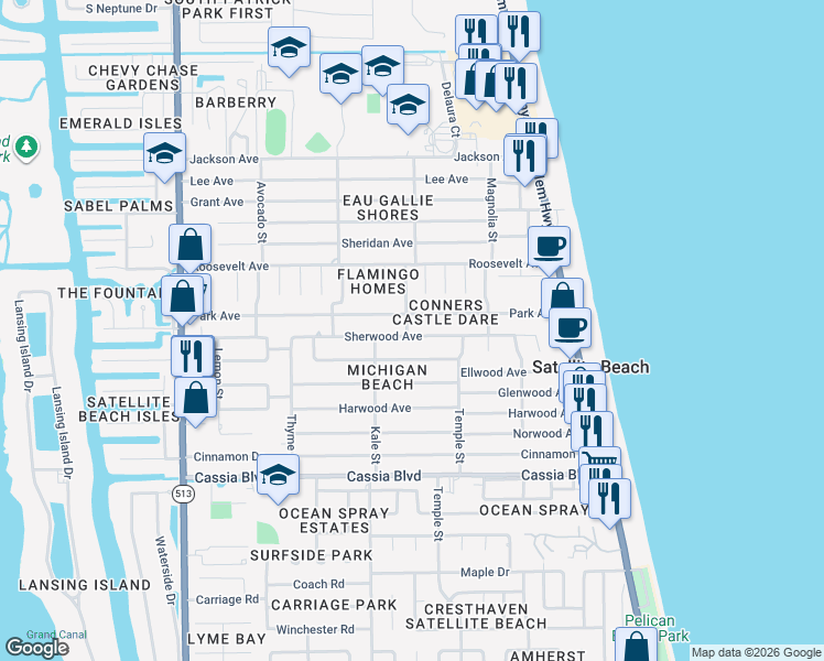 map of restaurants, bars, coffee shops, grocery stores, and more near 348 Sherwood Avenue in Satellite Beach