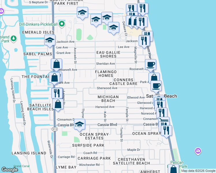 map of restaurants, bars, coffee shops, grocery stores, and more near 370 Sherwood Avenue in Satellite Beach