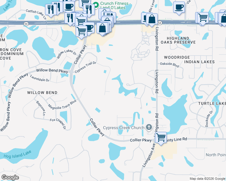 map of restaurants, bars, coffee shops, grocery stores, and more near 23053 Preserve Court in Lutz
