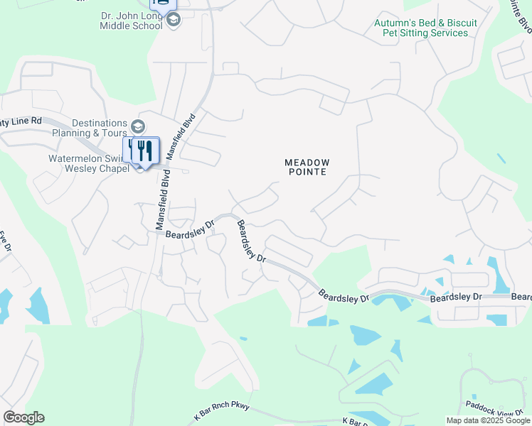 map of restaurants, bars, coffee shops, grocery stores, and more near 30438 Treyburn Loop in Wesley Chapel
