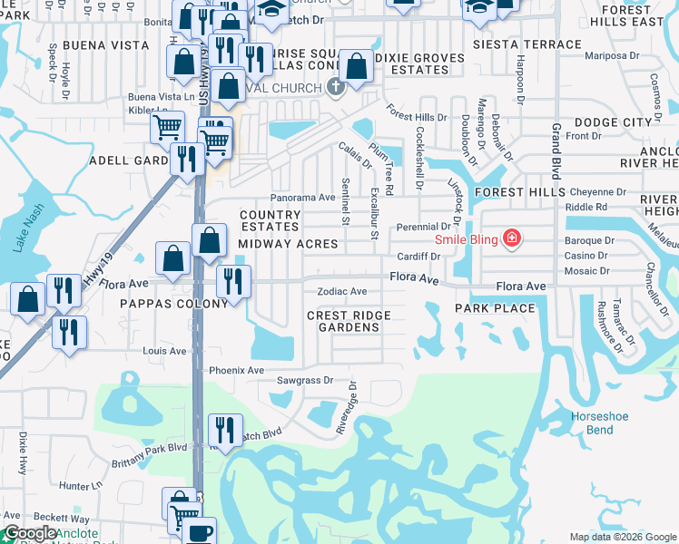 map of restaurants, bars, coffee shops, grocery stores, and more near 1254 Ash Court in Holiday