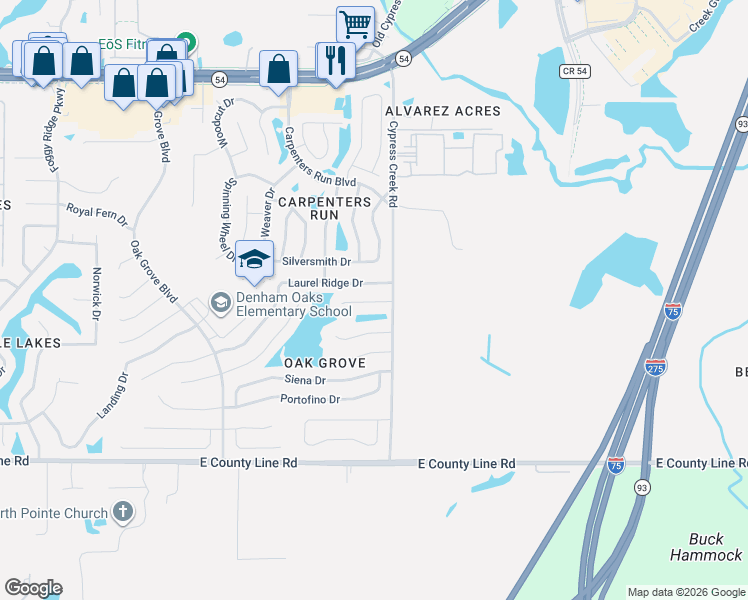 map of restaurants, bars, coffee shops, grocery stores, and more near 24931 Vintage Court in Lutz