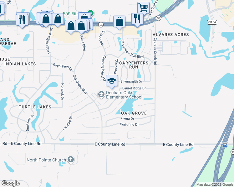 map of restaurants, bars, coffee shops, grocery stores, and more near 24645 Laurel Ridge Drive in Lutz