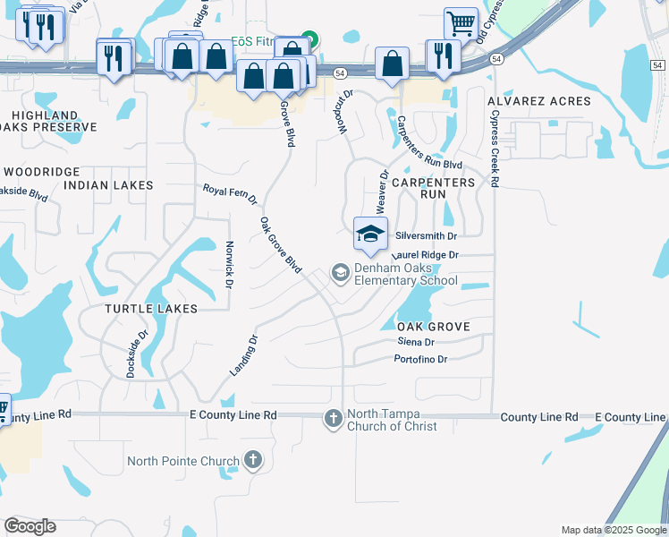 map of restaurants, bars, coffee shops, grocery stores, and more near 1422 Oak Grove Boulevard in Lutz