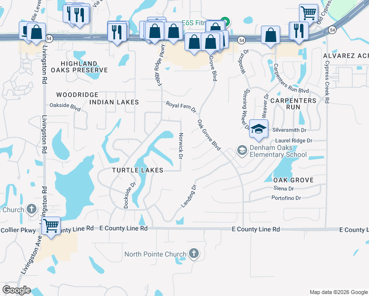 map of restaurants, bars, coffee shops, grocery stores, and more near 1414 Norwick Drive in Lutz