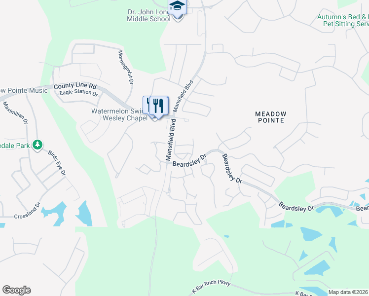 map of restaurants, bars, coffee shops, grocery stores, and more near 30136 Barnaby Lane in Wesley Chapel