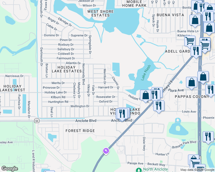 map of restaurants, bars, coffee shops, grocery stores, and more near 3641 Harvard Drive in Holiday