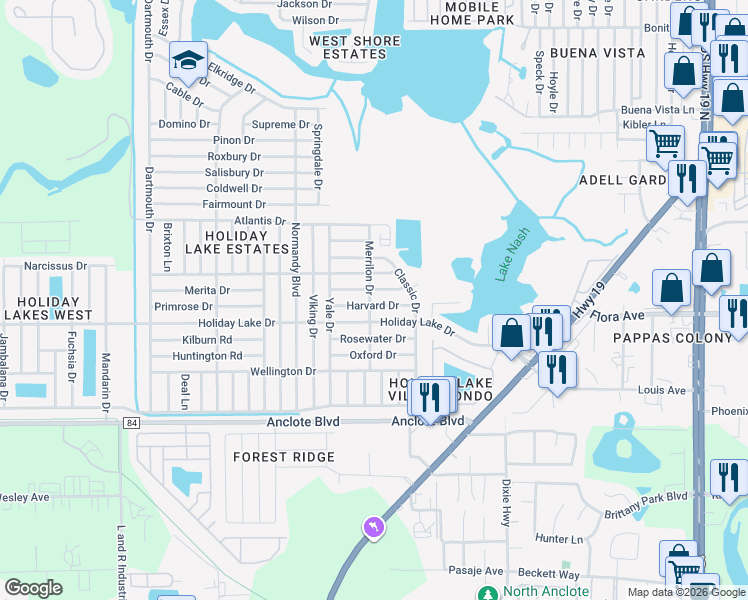 map of restaurants, bars, coffee shops, grocery stores, and more near 3609 Harvard Drive in Holiday