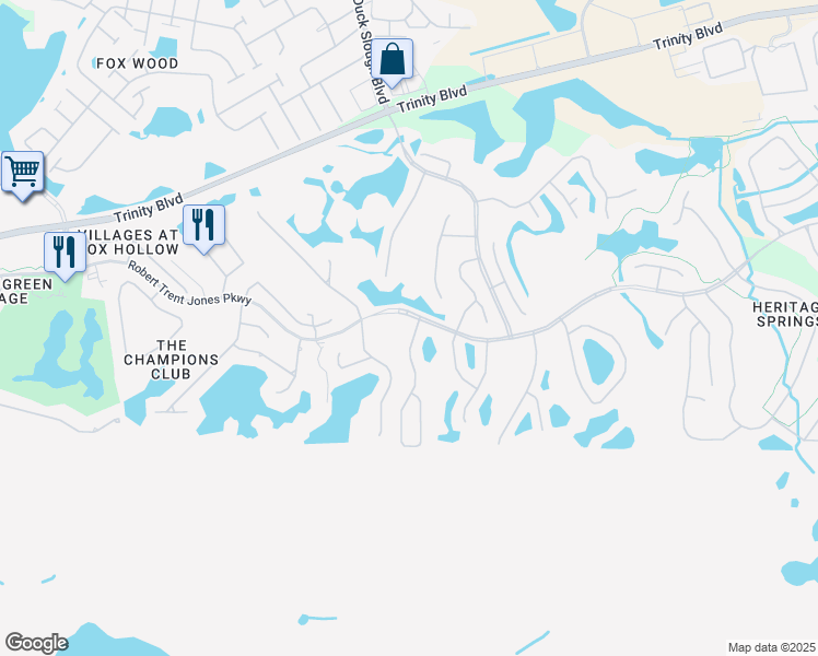 map of restaurants, bars, coffee shops, grocery stores, and more near 1249 Almondwood Drive in Trinity