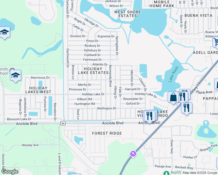 map of restaurants, bars, coffee shops, grocery stores, and more near 1301 Normandy Blvd in Holiday