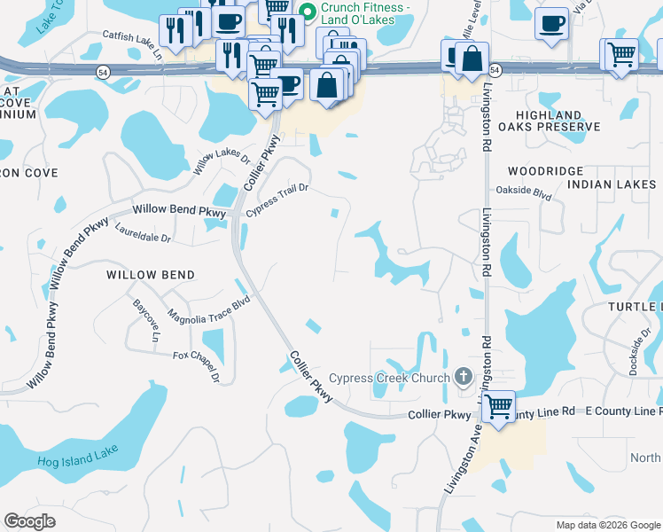 map of restaurants, bars, coffee shops, grocery stores, and more near 23240 Cypress Trail Drive in Lutz