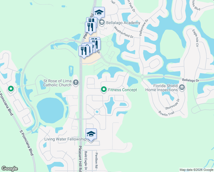 map of restaurants, bars, coffee shops, grocery stores, and more near 3838 Golden Knot Drive in Kissimmee