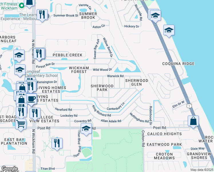 map of restaurants, bars, coffee shops, grocery stores, and more near 4350 Sherwood Boulevard in Melbourne