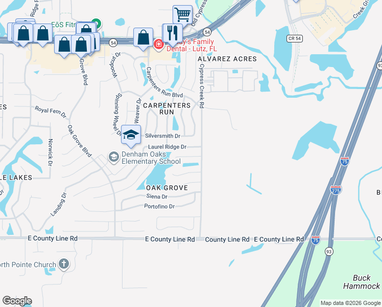 map of restaurants, bars, coffee shops, grocery stores, and more near 24931 Vintage Court in Lutz