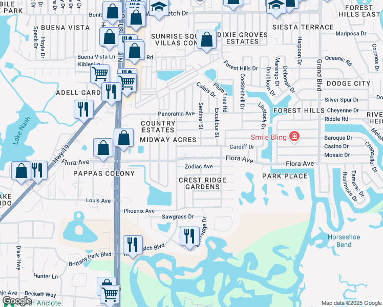 map of restaurants, bars, coffee shops, grocery stores, and more near 1249 Ash Court in Holiday