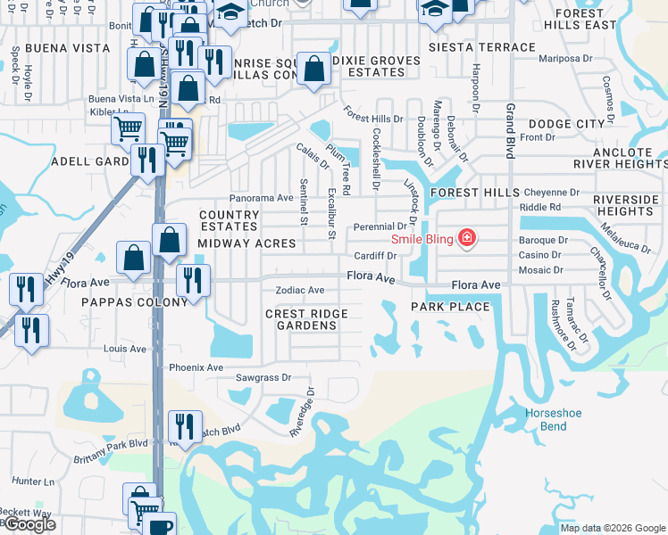 map of restaurants, bars, coffee shops, grocery stores, and more near 4931 Flora Avenue in Holiday