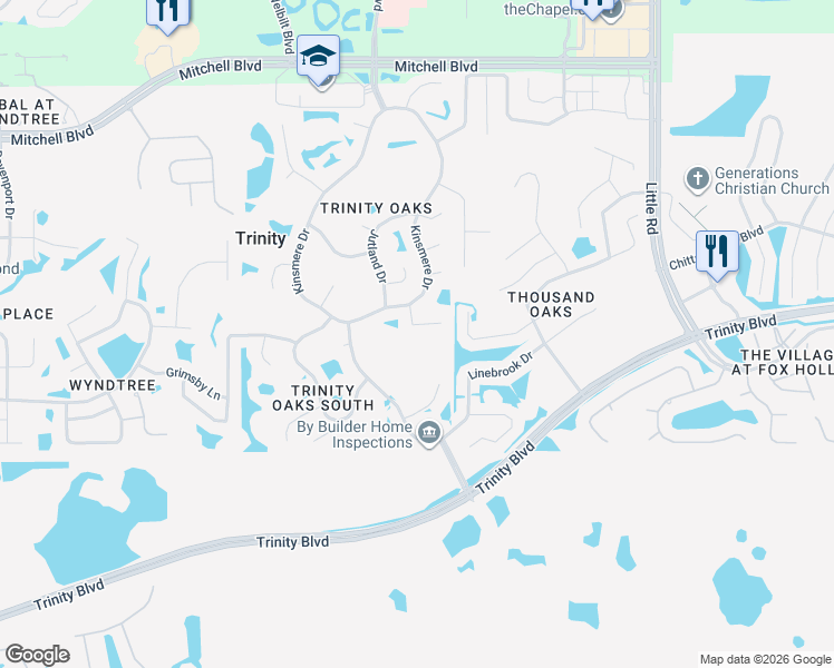 map of restaurants, bars, coffee shops, grocery stores, and more near 8414 Glengarry Place in Trinity