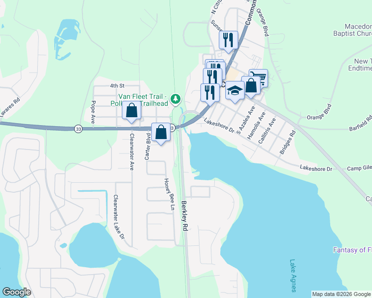map of restaurants, bars, coffee shops, grocery stores, and more near 7534 Berkley Road in Polk City
