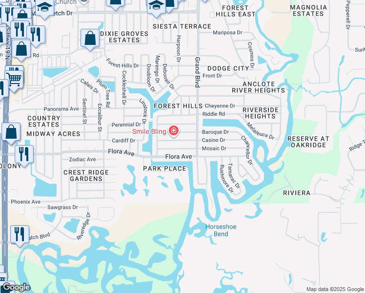 map of restaurants, bars, coffee shops, grocery stores, and more near 5411 Mosaic Drive in Holiday