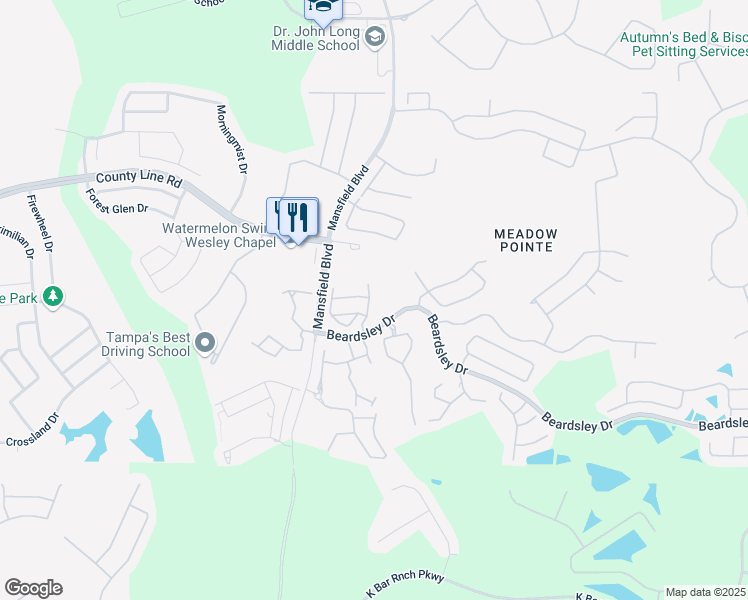 map of restaurants, bars, coffee shops, grocery stores, and more near 1418 Sedgwick Drive in Wesley Chapel