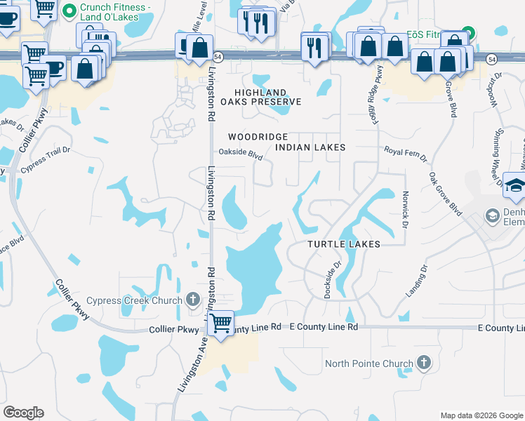 map of restaurants, bars, coffee shops, grocery stores, and more near 1336 Waterwood Drive in Lutz