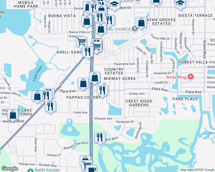 map of restaurants, bars, coffee shops, grocery stores, and more near 4547 Flora Avenue in Holiday