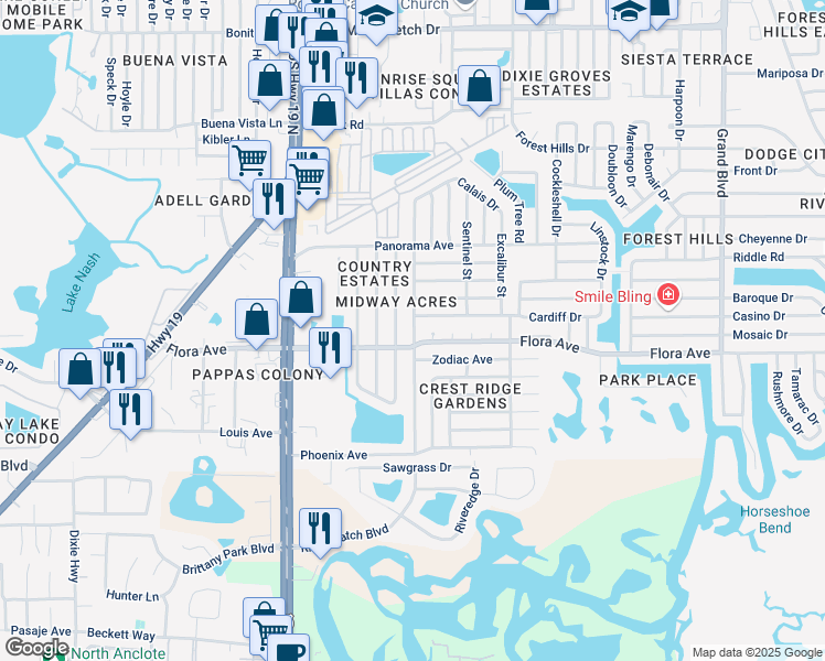 map of restaurants, bars, coffee shops, grocery stores, and more near 1261 Landau Street in Holiday