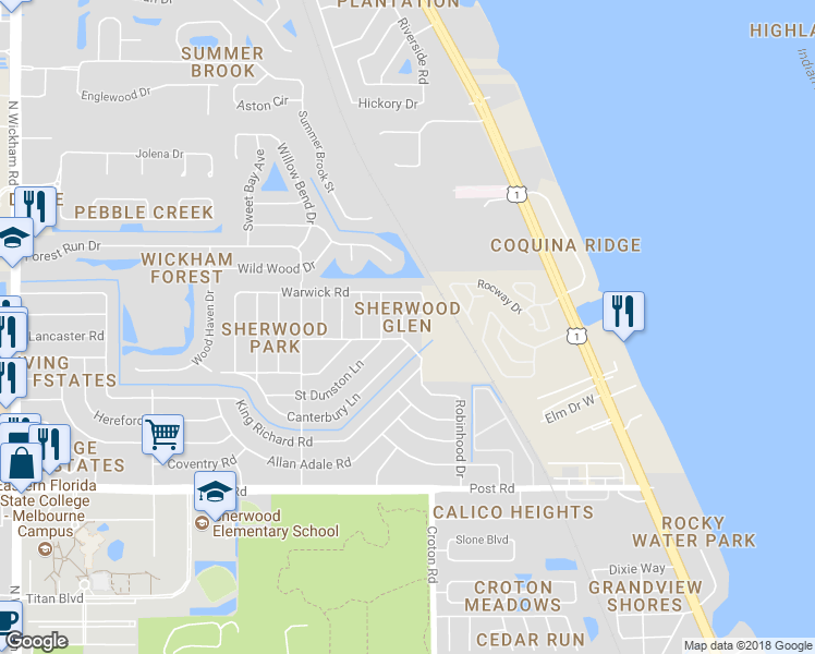 map of restaurants, bars, coffee shops, grocery stores, and more near 4313 Gamwell Drive in Melbourne