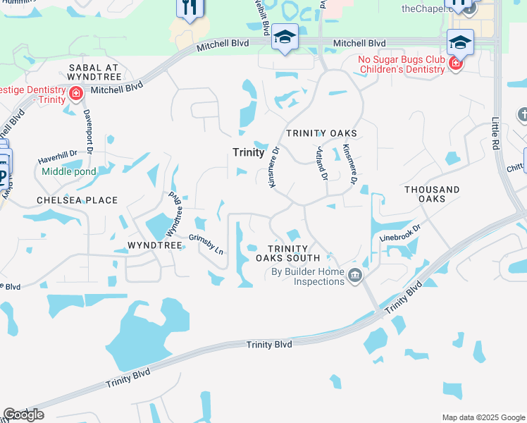 map of restaurants, bars, coffee shops, grocery stores, and more near 8101 Maidencane Drive in Trinity