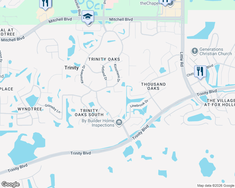 map of restaurants, bars, coffee shops, grocery stores, and more near 8414 Glengarry Place in Trinity