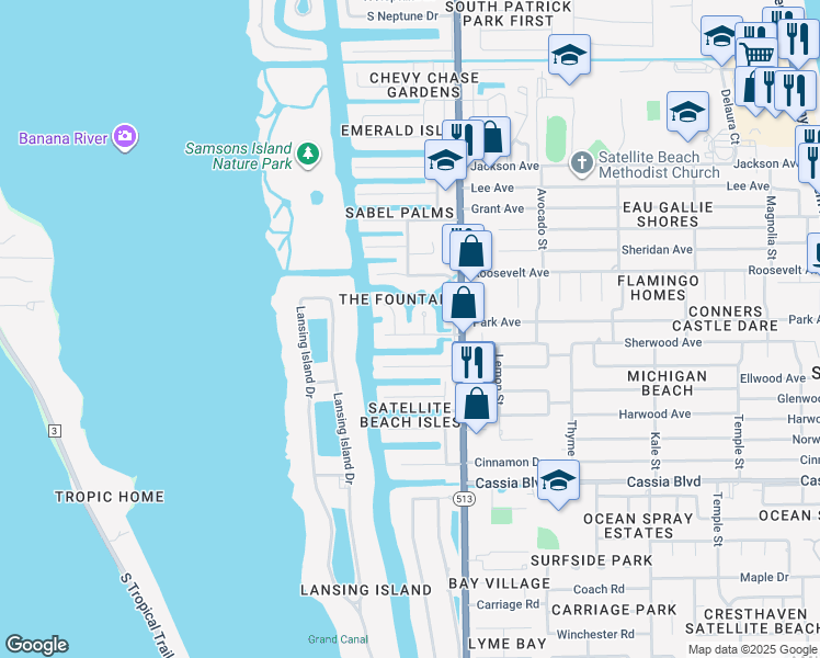 map of restaurants, bars, coffee shops, grocery stores, and more near 669 Fountain Boulevard in Satellite Beach