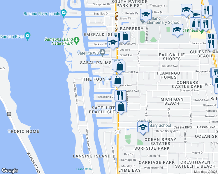 map of restaurants, bars, coffee shops, grocery stores, and more near 255 Madrid Court in Satellite Beach