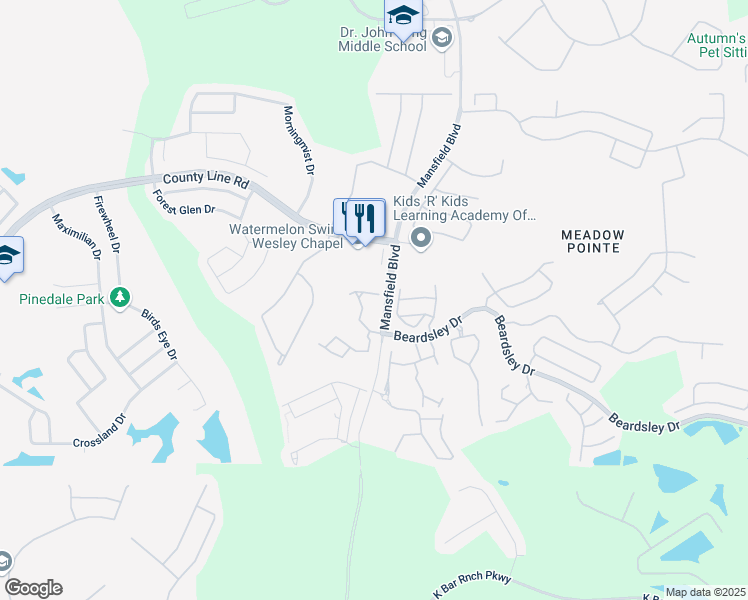 map of restaurants, bars, coffee shops, grocery stores, and more near 30050 Granda Hills Court in Wesley Chapel