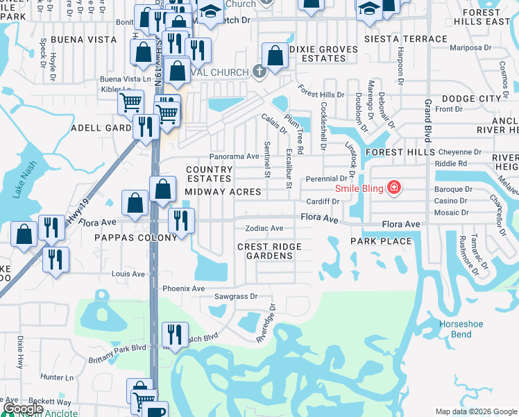 map of restaurants, bars, coffee shops, grocery stores, and more near 1254 Ash Court in Holiday