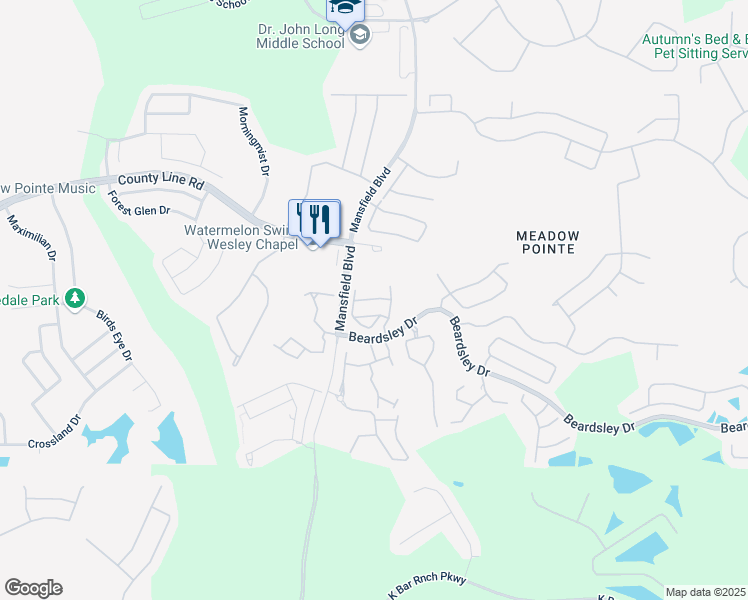 map of restaurants, bars, coffee shops, grocery stores, and more near 30138 Barnaby Lane in Wesley Chapel