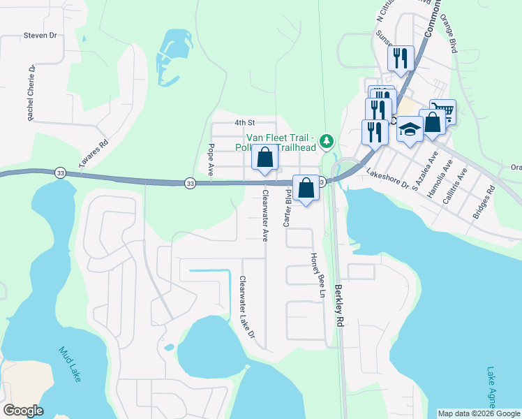 map of restaurants, bars, coffee shops, grocery stores, and more near 141 Clearwater Avenue in Polk City