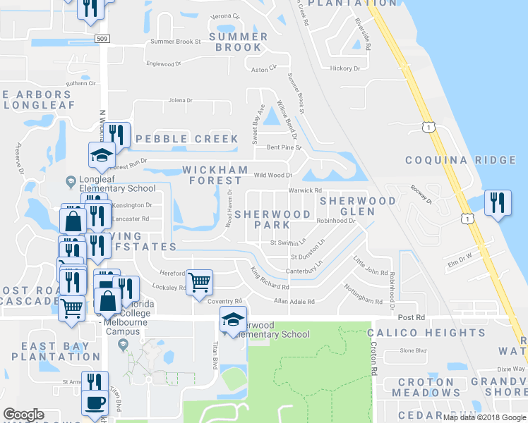 map of restaurants, bars, coffee shops, grocery stores, and more near 4363 Plompton Drive in Melbourne