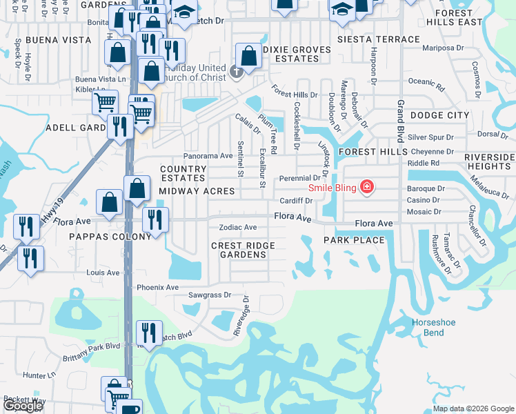 map of restaurants, bars, coffee shops, grocery stores, and more near 4931 Flora Avenue in Holiday