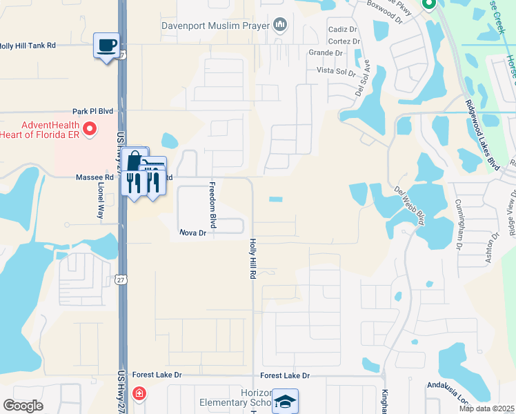 map of restaurants, bars, coffee shops, grocery stores, and more near 1400 Holly Hill Road in Davenport