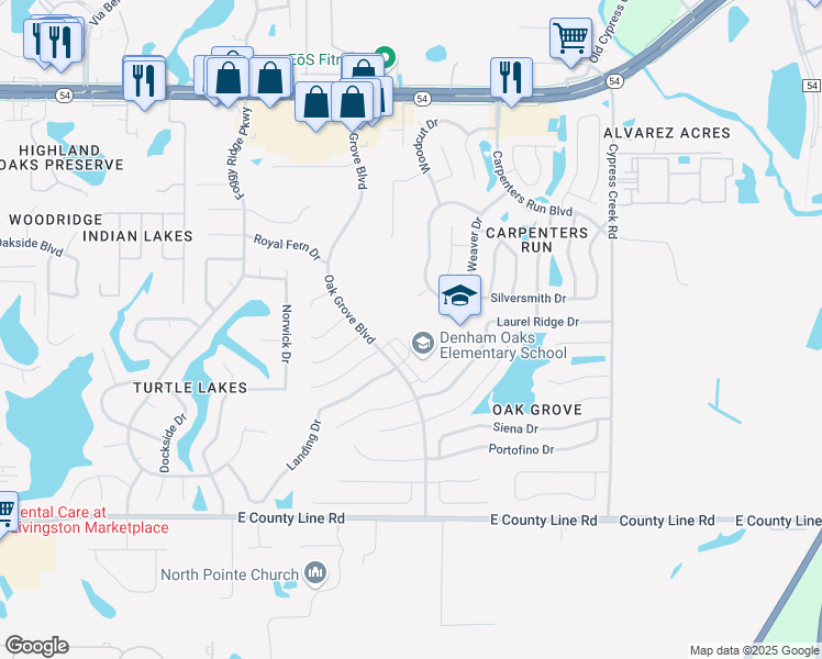map of restaurants, bars, coffee shops, grocery stores, and more near 1422 Oak Grove Boulevard in Lutz